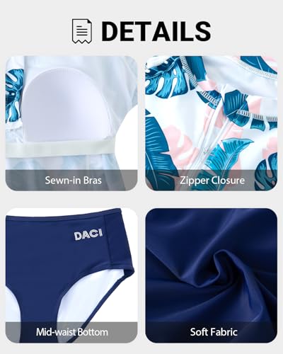 image for Daci Women Pink Blue 2 Piece Rash Guard Long Sleeve Zipper Bathing Sui
