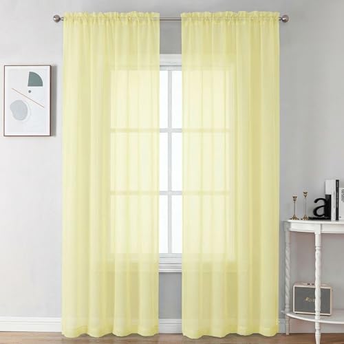 Image of Chyhomenyc Sheer Curtains 90 inches Long 2 Panels - Light Filtering Soft Airy Solid Elegant Voile Window Treatment Drapes for Bedroom Living Room, 42Wx90L Inches, Light Yellow
