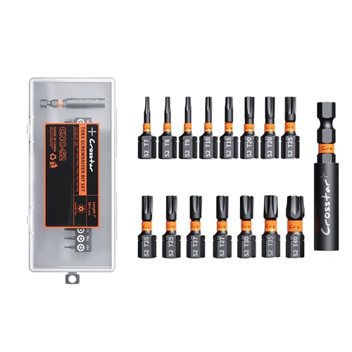 Image of Crosstar 16 Pcs 1 inch Impact Torx Bit Set, S2 Steel Magnetic Security Star Bits, Tamper Proof Torx Screwdriver Bits with CNC Tips for Drill /Driver, Automotive, Woodworking & Home Repair