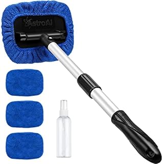 AstroAI Car Windscreen Cleaner, 4 Reusable and Washable Microfiber Pads, Windshield Cleaning Tool Wand with Telescopic and Extendable Handle Auto Inside Glass Wiper Kit, Blue