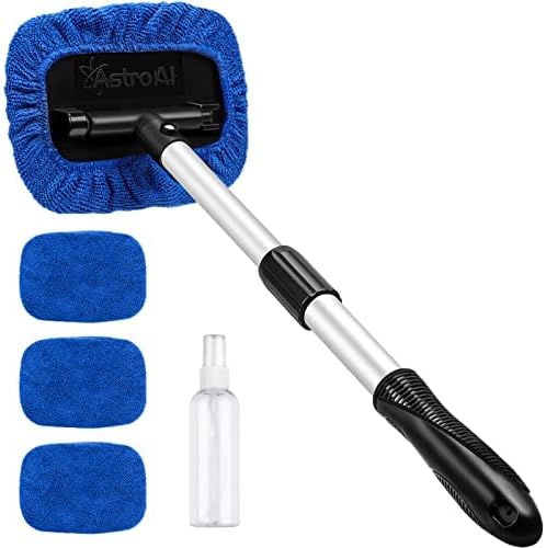 AstroAI Car Windscreen Cleaner, 4 Reusable and Washable Microfiber Pads, Windshield Cleaning Tool Wand with Telescopic and Extendable Handle Auto Inside Glass Wiper Kit, Blue