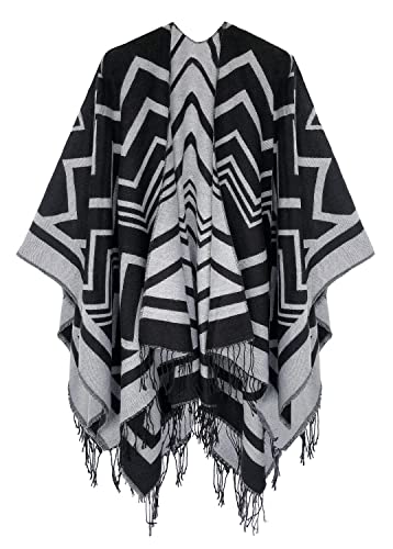 Urban CoCo Casaco feminino de inverno, vintage, poncho, cobertor, borla, xale, #2 - Preto, Free size
