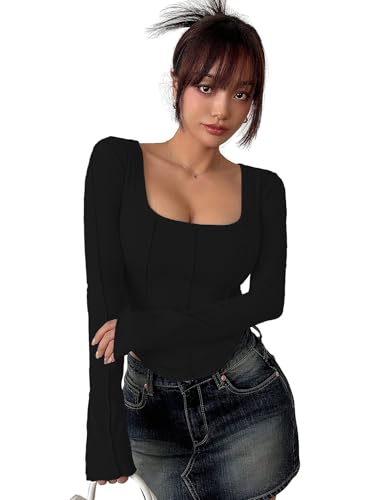 Image of Sugathari Women's Black Solid Long Sleeve Wrap-Style Square Split Crew Neck Bodycon Women T-Shirt Spring and Summer Top, Minimalist and Fashionable for Everyday Casual Wear Tops (T-Shirt 181)