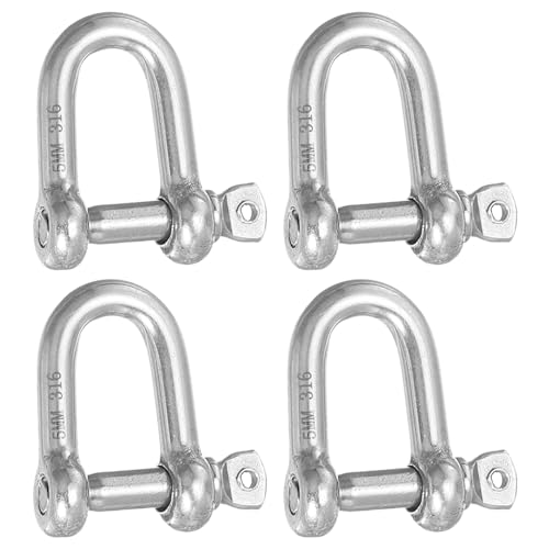 PATIKIL Screw Pin Shackle M5 3/16 353lbs, 4 Pack 316 Stainless Steel D Ring Shackle for Chains Wire Rope Outdoor, Silver