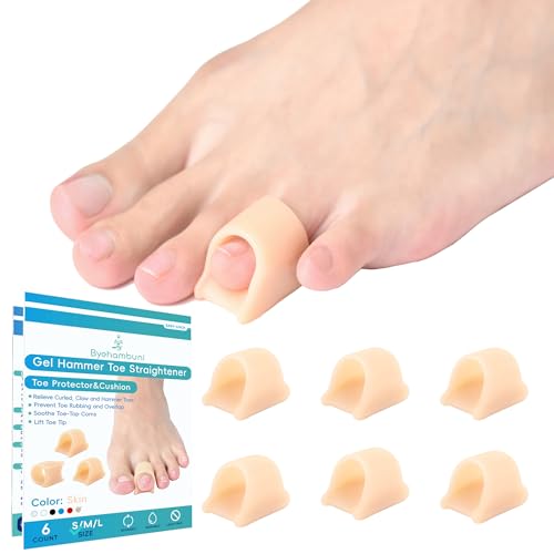 Byehambuni Hammer Toe Straightener, 6 Pack Hammer Toe Corrector for Women, Gel Toe Splints, for Curled, Crooked, Bent, Claw, Hammertoes, for Women and Men, Small Sizes (Beige)
