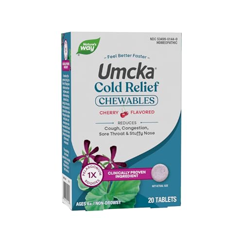 Nature's Way Umcka Cold Relief, Shortens Duration and Reduces Severity, Multi-Symptom Cold Relief, Homeopathic, Phenylephrine Free, Cherry Flavored, 20 Chewable Tablets