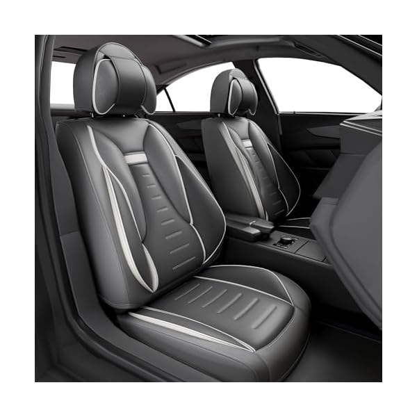 ASLONG 5PCS Angel Wings Front and Back Car Seat Covers Auto Interior Accessories with Water Proof Nappa Leather for Cars SUV Pick-up Truck Universal Comfortable and Breathable (Full Set, Grey)
