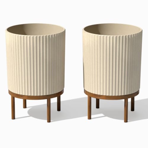 Image of Veradek Demi Series Raised Planter - Round Planter with Stand | Made From a Durable Plastic-Stone Composite & Comes With Wooden Stand. Modern Porch /Patio Decor
