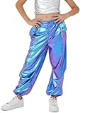 LOLANTA Holographic Trousers Sweatpant Hip Hop Clothes Sparkly Loose Fit Teens K-Pop Dance (Blue&Purple, 14-16)