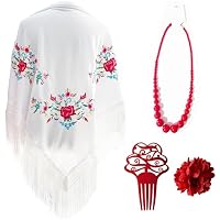 Mantón Bordado en Flores para Baile Flamenco Español, Set de