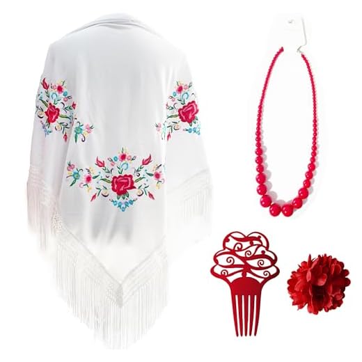 Mantón Bordado en Flores para Baile Flamenco Español, Set de Complementos Sevillana, Mantón, Collar, Flor y Peineta Flamenca para Adultos (Blanco)