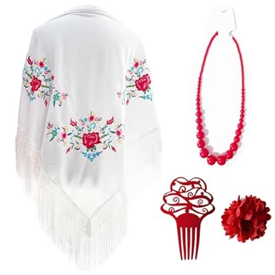 Mantón Bordado en Flores para Baile Flamenco Español, Set de Complementos Sevillana, Mantón, Collar, Flor y Peineta Flamenca para Adultos (Blanco) | Ya disponible en tu tienda friki favorita! En mundofriki.es!