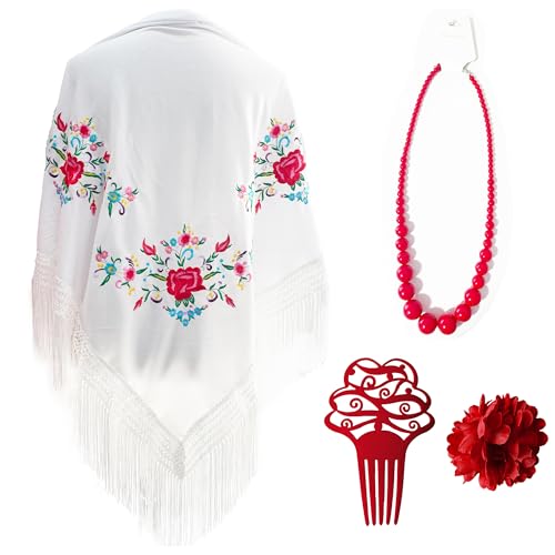 Mantón Bordado en Flores para Baile Flamenco Español, Set de Complementos Sevillana, Mantón, Collar, Flor y Peineta Flamenca para Adultos (Blanco)