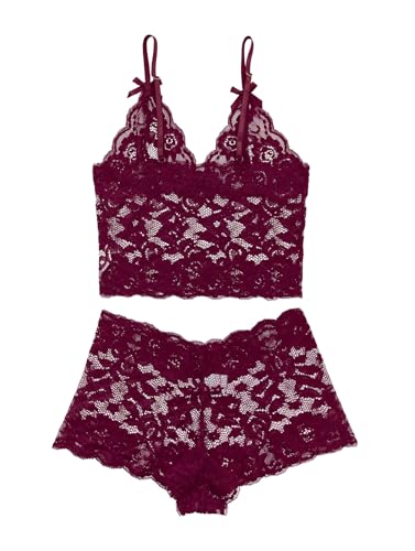 Image of Lilosy Petite Sexy Women Floral Lace Pajamas Lingerie Set High Waist Sheer Sleepwear See Through Nightwear Bow Ties Cami Shorts Bra and Panty 2 Piece Wine Red XX-Small