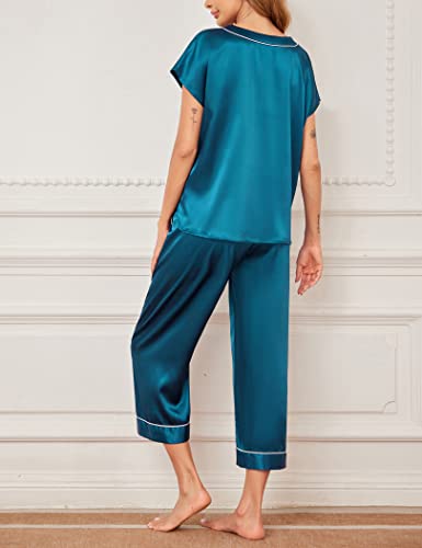 Ekouaer Silk Women Pajamas Short Sleeve Sleep Set Casual Pjs Soft Button-Down Sleepwear Sleep Top With Long Pant Dark Green #TOP3