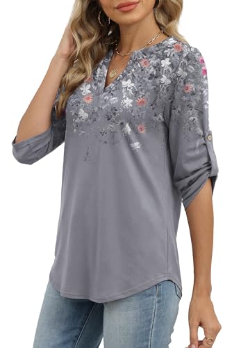 Image of XIEERDUO 3 /4 Length Sleeve Womens Tops V Neck T Shirts Both Side Buttons Blouses Business Casual Outfits Loose Fit