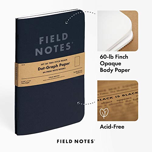 Field Notes 2-Pack Pitch Black Notebooks (4.75" X 7.5"), Dot-Graph, 64 Pages | Thin Pocket Sized Edc Notebook With 90 Gsm Paper & Paperback Cover | Work Notebooks For Note Taking | Made In The Usa #TOP3