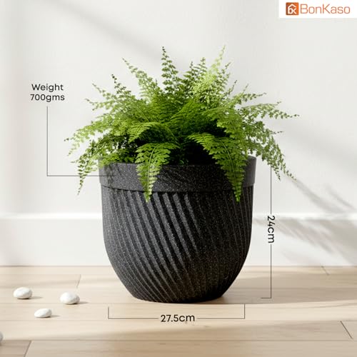 Image of Bonkaso 10 Inch Seltos Ribbed Planter for Indoor & Outdoor Use | Round Heavy Duty Polymer Flower Pot | Lightweight Weather Resistant Modern Gamla for Living Room Balcony & Terrace (Dark Grey)