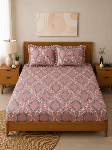 Image of 380 TC Premium Glace Cotton Elastic Fitted Bedsheet King Size with 2 Pillow Covers King Size | Double Bed with All Around Elastic (Pinkflower Frill, Fitted Queen-60x78)