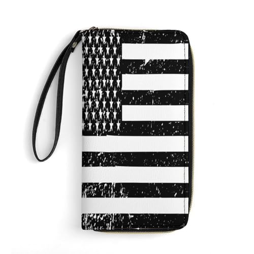 Black American Flag Wallet Wristlet Zipper Purse with Hand Strap Travel Credit Card Holder for Adult Daily Use Gifts