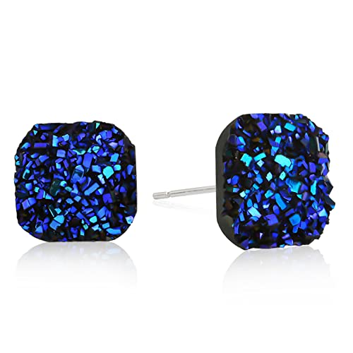 925 Sterling Silver Druzy Stud Earrings Hypoallergenic Square Natural Gemstone Earrings Blue Stud Earrings For Women Trendy Fashion #TOP17