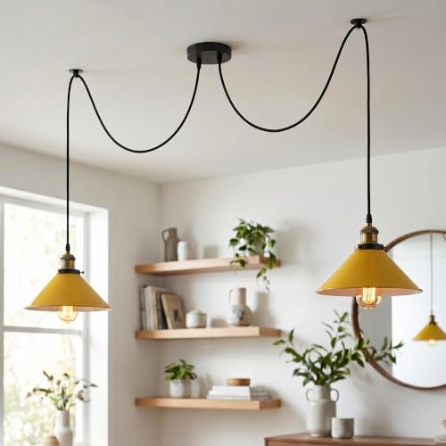 Image of LEDSone 2 Head Light Spider Pendant Lamp Retro Ceiling Fitting,22cm Metal Industrial Light Shade Vintage E27 Base 2 Way Height Adjustable Hanging Light for Living Room, Kitchen Island (Yellow) (2HPL)