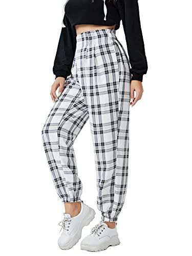 WDIRARA Women's Plaid Elastic High Waist Casual Tartan Pants with Pockets4