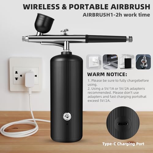 Airbrush-Kit mit Kompressor - Wiederaufladbares, Tragbares, Verstopfungsfreies Hochdruck-Airbrush-Set mit Düse und Reinigungsbürsten-Set für Nail Art, Makeup, Friseur, Tortendekoration (Schwarz)