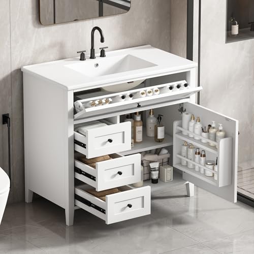 Image of 36 inch Bathroom Vanities with Top Set, Cabinet with Multi-Functional Tip-Out Drawer and Adjustable Shelf, Soft-Closing Door, Solid Wood Legs, White