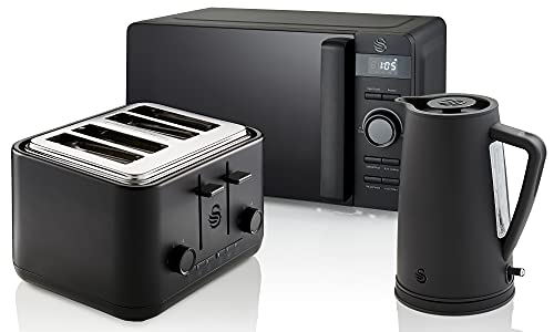 Swan Stealth 1.7L Kettle, 20L Microwave and 4-Slice Toaster Set, High Performance, Cutting-Edge Design, Matte Black Finish, STRP1410BLKN
