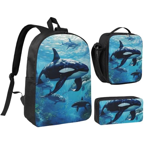 Killer Whales Swim Along print Backpack Bookbag for Daily Use,3 Pcs Backpack Set with Lunch Box and Pencil Case