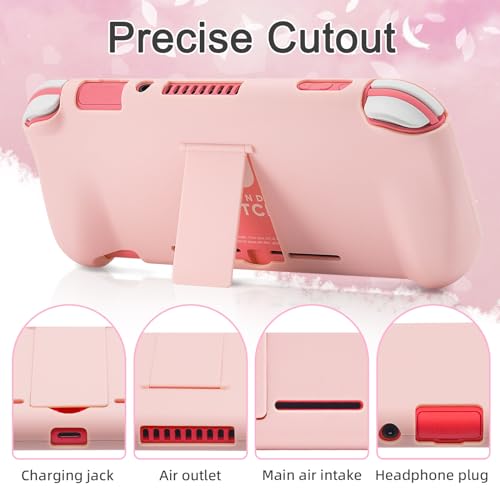 BRHE Pink Travel Carrying Case Accessories Kit for Switch Lite, Hard Protective Cover Skin Shell with Stand, Glass Screen Protector, Thumb Grip Caps 9 in 1 by BRHE - Image 4