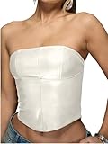 Verdusa Women's Leather Top Backless Tube Top Strapless Crop Corset Tops Going Out Outfits White Large
