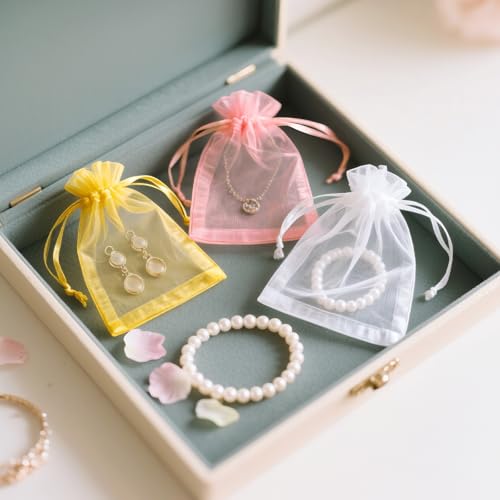 Image of joycraft 50Pcs Organza Gift Bags - 2.7x3.5 In Drawstring Mesh Jewelry Pouches, 5 Colors Organza Party Favor Bags for Christmas, Birthday, Baby Shower, Wedding