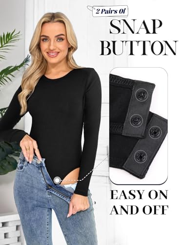 Kefiyis Bodysuit Long Sleeve Bodysuits for Women UK Crew Neck Body Suits Thong Body Suit with Snap Stretch Leotard Tops for Going Out Casual Black M - Image 2