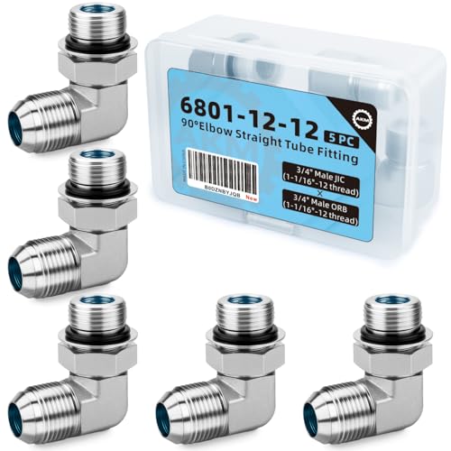 Image of 90 Elbow Straight Hydraulic Hose Adapter Fittings, 6801-12-12 3 /4 inch Male JIC (1 1 /16 inch-12 thread) x 3 /4 inch ORB (1 1 /16 inch-12 thread) Male Connectors x 5 pack