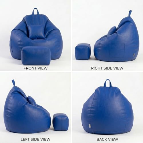 Image of KAM'S LIEU 5XL Luxury Faux Leather Bean Bag with Footrest & Cushion | Pre-Filled High-Density Polystyrene Beans | Premium Leatherette | 6 Months Warranty Color- (Royal Blue, with Footrest)