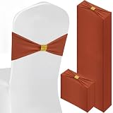 Hahafelt 100 Pcs Spandex Chair Sashes Bows with Rhinestone Ring Buckle Slider Elastic Universal Bowknot Chair Cover Bands Ties for Wedding Banquet Ceremony Event Party Decoration(Burnt Orange)