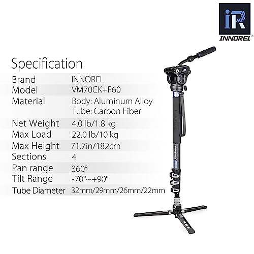 Monopod, INNOREL VM70CK Trípode Monopod 182cm para Video Profesional Cámara Telescópica de Fibra de Carbono liviano Monopod con Cabezal de Fluido y Base de Trípode de 3 Patas, Cargue hasta 6kg - imagen 3