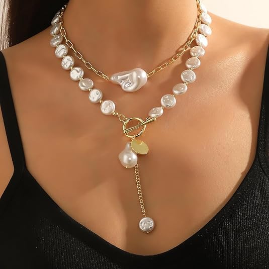 Collar en de perlas barrocas - Cadena de clip de oro combinada con perlas grandes irregulares - Estilo colgante en forma de Y