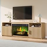 AMERLIFE 70" Fluted Fireplace TV Stand for TVs Up to 80", Modern TV Console with 30" Electric Fireplace & Storage Cabinets, Media Entertainment Center for Living Room, Natural Oak
