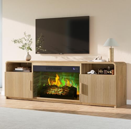 AMERLIFE 70' Fluted Fireplace TV Stand for TVs Up to 80', Modern TV Console with 30' Electric Fireplace & Storage Cabinets, Media Entertainment Center for Living Room, Natural Oak