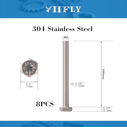 Image of M8x1.25 x 100mm Hex Head Screws Bolts, 304 Stainless Steel (A2-70), Bright Finish, Fully Threaded, Hexagon Head Bolts, Quantity 8