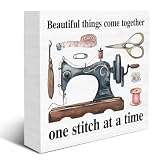 Sewing Room Decor, Sewing Gifts, Gifts for Quilter Seamstress Tailor Dressmaker, Beautiful Things Come Together on Stitch at a Time Wood Sign Home Table Shelf Desk Decor