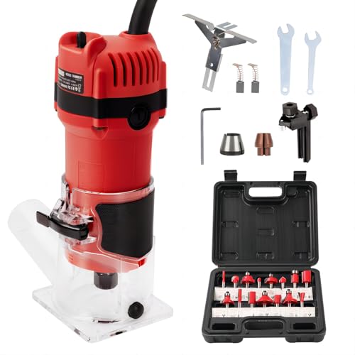 TEENO - Desmoladora eléctrica (800 W, 31000 RPM, rascador de madera con 15 fresas de caída cola de 1/4', base fija mechas de 6/6,35 mm, con funda antipolvo
