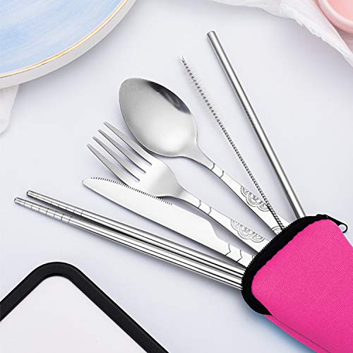 SHlotus Eating Utensil Set Utensil Travel Set-Reusable Utensils with Case -Silverware Set with Neoprene Case, Potable Stainless Steel Lunch Box Cutlery Set for Camping Travel