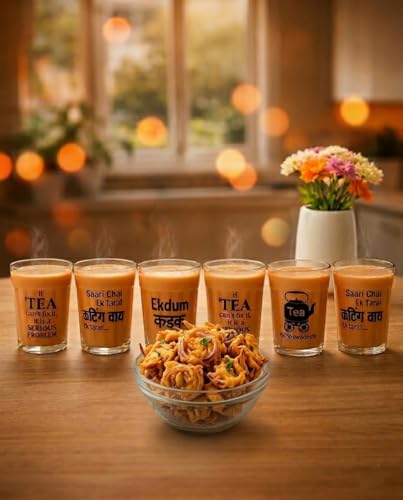 Image of Set of 6 Cutting Chai Glasses with Metal Stand Tray, Tea Glass Set of 6 with Stand and 1 Bowl, Tea Glass Holder Carrier (Wrought Iron), 120 Ml
