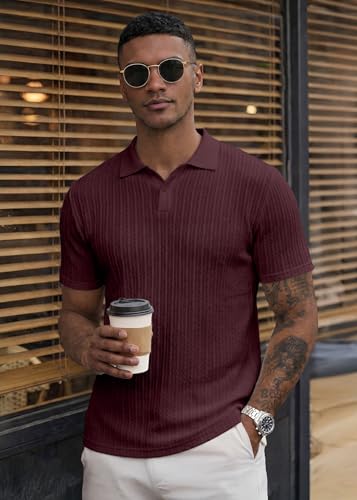 Image of JMIERR Mens Casual Polo Shirt Summer Short Sleeve Vacation Button Beach Knit Stretchy Golf Shirts