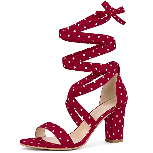 Allegra K Allegra K Women's Polka Dots Strappy Heels Lace Up Red Chunky Heels Sandals 6 M US