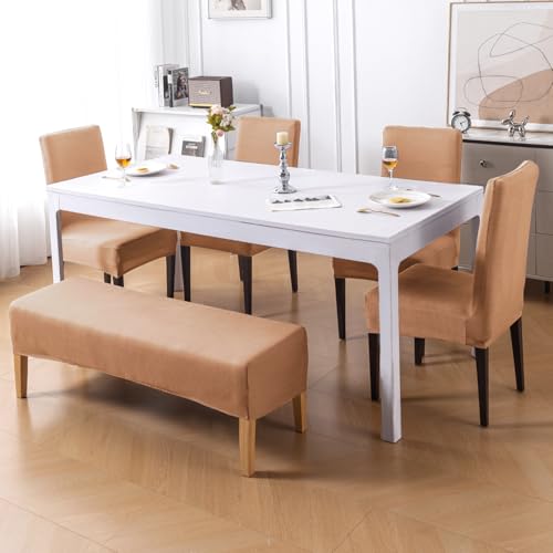 Image of HOKIPO 'SereneSolids' 140 GSM Stretchable Dining Chair Covers Set of 4 with 1 Bench Cover, Camel (AR-6282-CML)